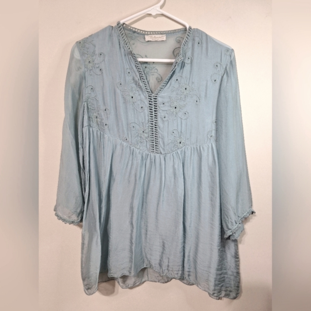 🇮🇹 Bellambia S made blue silk viscose embroidered 3/4 sleeve boho peasant top